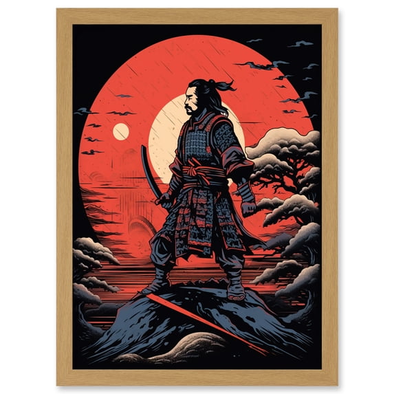 Samurai Master on Forest Hill Sunrise Landscape Rockabilly Americana 50s Artwork Framed Wall Art Print A4