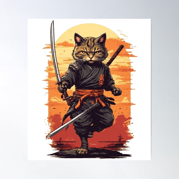 Samurai Ninja Cat Tatoo Kawaii Holding A Sword Poster Wall Art, Modern Wall Decor For Living Room Bedroom, 24x36 UNFRAMED