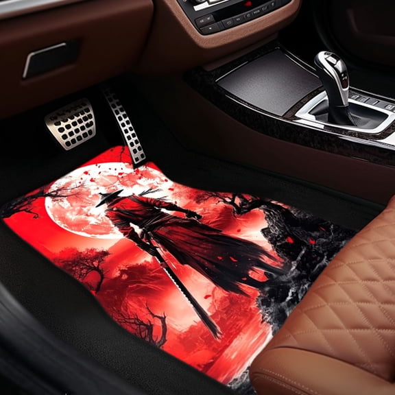Samurai Pattern Car Floor Mats Set, 4pcs Universal Non-Slip Easy-Clean Interior Mats for Most Vehicle Models