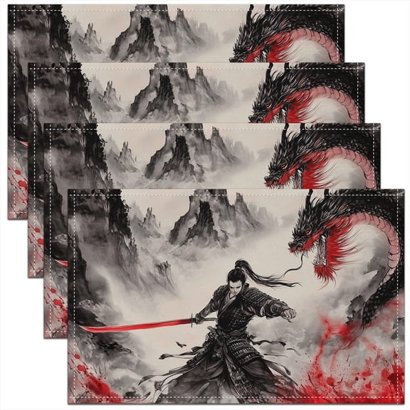 Samurai Placemats Set of 4,fashion print pattern table mat, for dining table, kitchen, party, indoor, holiday, dinner parties and home decor (table mats) 12x18 Inch