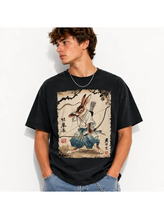 Samurai Rabbit Archer Graphic T-Shirt Japanese Manga Style Warrior Bunny Tee