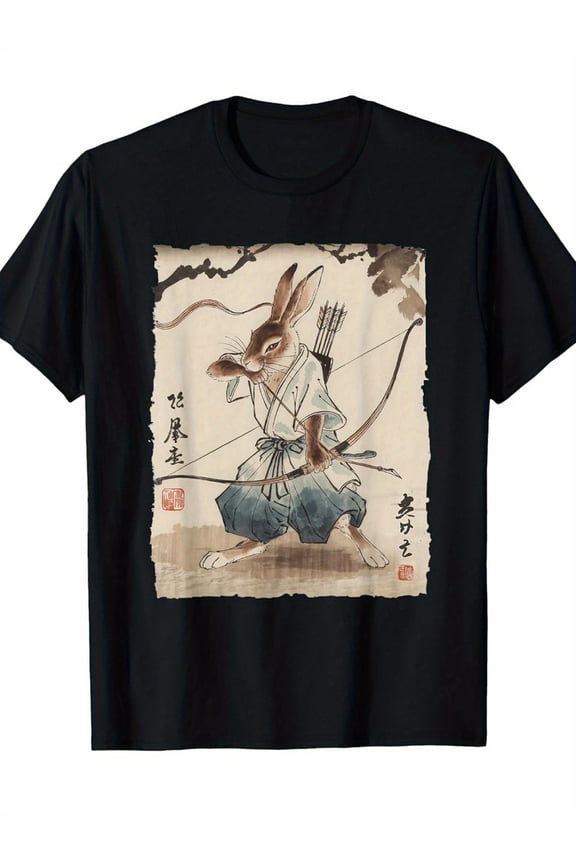 Samurai Rabbit Archer Graphic T-Shirt Japanese Manga Style Warrior Bunny Tee