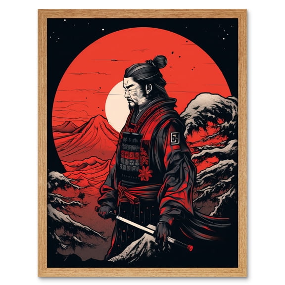 Samurai Red Circle Sun Landscape Rockabilly Americana 50s Art Print Framed Poster Wall Decor 12x16 inch