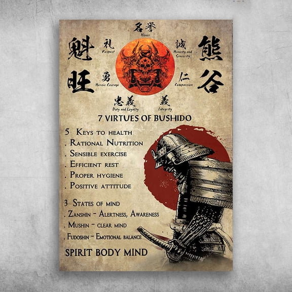 Samurai Rules - 7 Virtues Of Bushido, 5 Keys To Health, Ration Nutrition, Sensible Exercise 11 x 17 Inch Poster