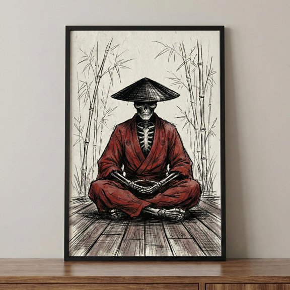 Samurai Skeleton Artwork Japanese Gothic Home Decor Zen Meditation Skeleton Poster Red Kim