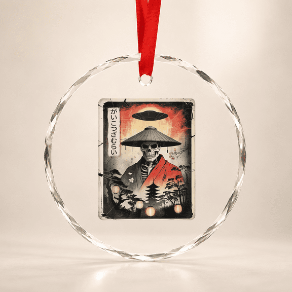 Samurai Skeleton UFO Alien Japan Japanese Vintage Ukiyo-e Glass Ornament