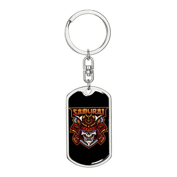Samurai Skull Mascot Keychain Dog Tag Stainless Steel or 18k Gold