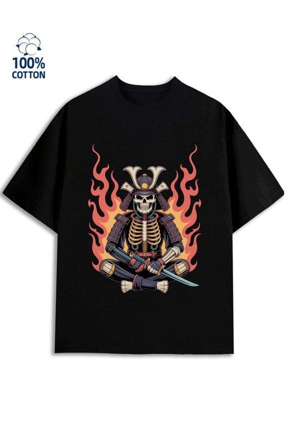 Samurai Skull Tee for men 180G 100% Cotton black Basic Unisex Shirt Short Sleeve tshirts Basic Unisex Shirt Crewneck tshirts Vintage Unisex Shirt Short Sleeve tshirts