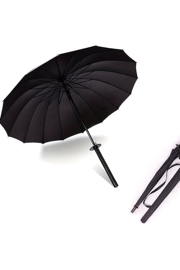 Samurai Sword Umbrella, Auto Open Close Black Rain Umbrella with 24 Rib Steel Frame