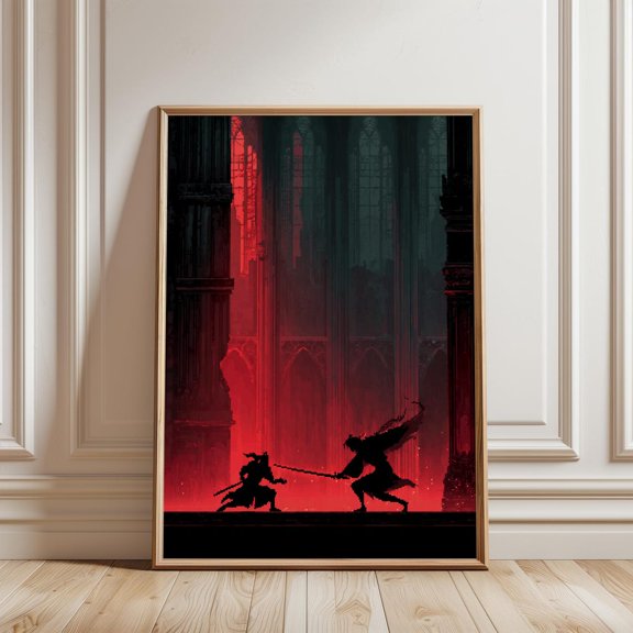 Samurai Vampire Gothic Cathedral Pixel Art Print Dark Fantasy Gaming, Unframed Paper Print