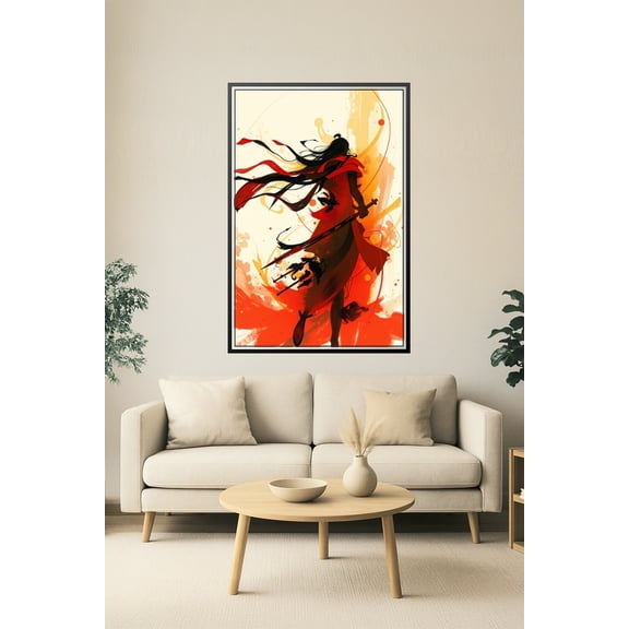 Samurai Warrior Art Poster – Dynamic Red Ink Brush Style with Sword 【Photo Paper】