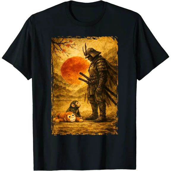 Samurai Warrior & Baby Monkey Punch Vintage Japanese Art T-Shirt, Vintage Birthday Gift