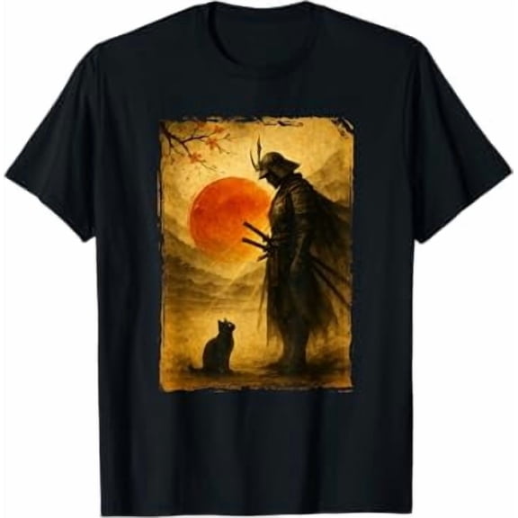 Samurai Warrior & Fighter, Black Cat, Vintage Japanese Art T-Shirt