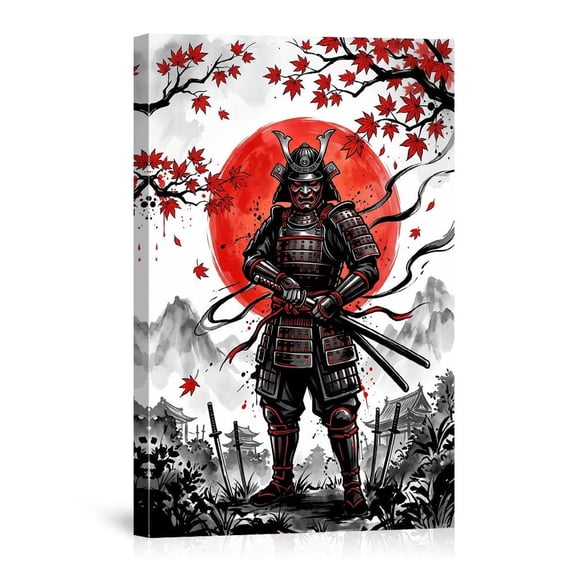 Samurai Warrior In Red Sun Japanese Art Sword Maple Leaves Ink Style Canvas