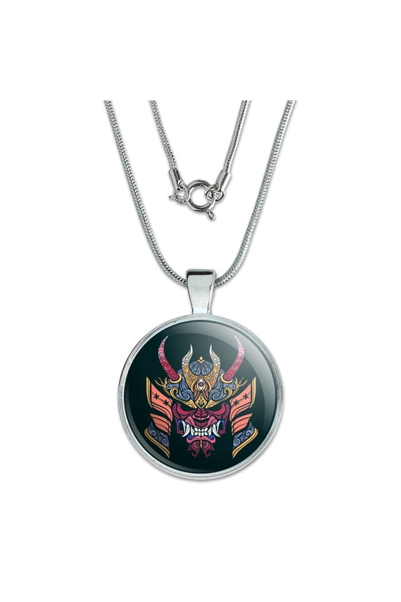 Samurai Warrior Japanese Demon Oni Mask 1" Pendant with Sterling Silver Plated Chain