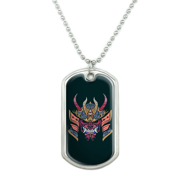 Samurai Warrior Japanese Demon Oni Mask Military Dog Tag Pendant Necklace with Chain