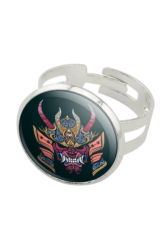 Samurai Warrior Japanese Demon Oni Mask Silver Plated Adjustable Novelty Ring