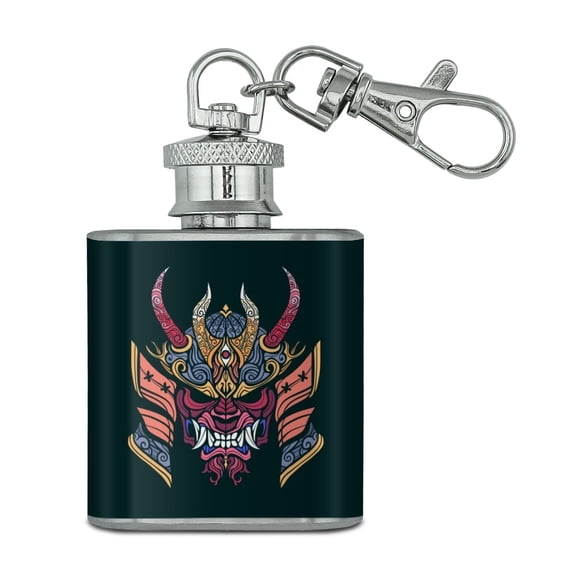 Samurai Warrior Japanese Demon Oni Mask Stainless Steel 1oz Mini Flask Key Chain