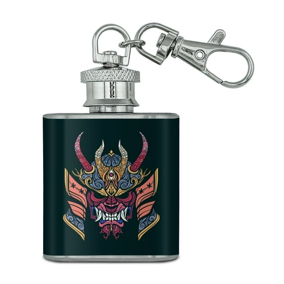 Samurai Warrior Japanese Demon Oni Mask Stainless Steel 1oz Mini Flask Key Chain