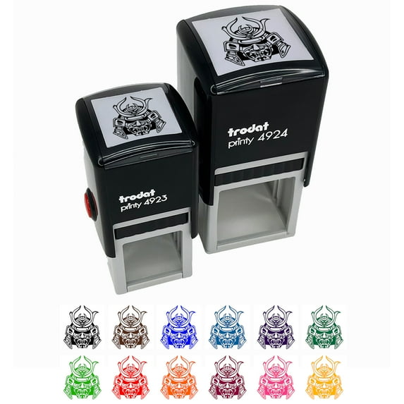 Samurai Warrior Oni Helmet Self-Inking Rubber Stamp Ink Stamper - Blue Ink - Small 1 Inch