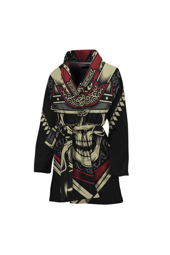 Samurai Warrior Skull Women Bathrobe One Size Univeral Fits, Skull Lover Gifts Fashion Lightweight Plush Fleece Long Robe For Women