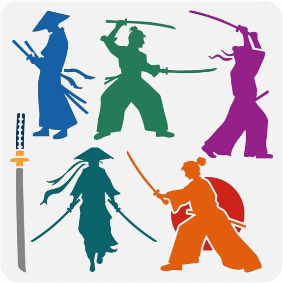Samurai Warrior Stencil for DIY Painting 11.8x11.8 inch Reusable Swordsman Pattern Drawing Template Decorative Man Silhouette Painting Stencil Plastic PET East Swords Hat Pattern Template