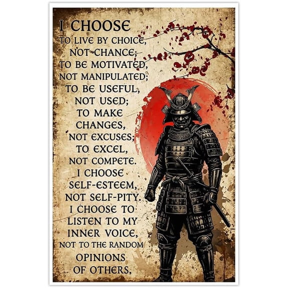 Samurai Warrior Wall Art Poster with Motivational Quote,Japanese Armor Design,Cherry Blossom Background,Canvas Prints for Bedroom Living Room Decor