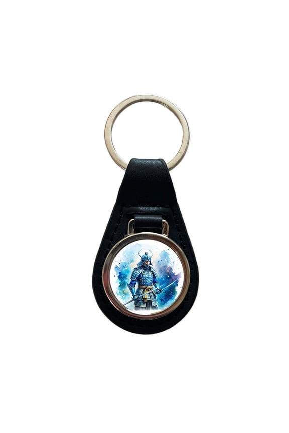 Samurai With Katana And Blue Armor Watercolor Metal Black Leather Keychain