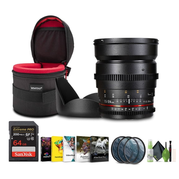 Samyang 24mm T1.5 Cine Wide Angle Lens for Sony A-Mount Bundle With Corel Photo, Video, & Art Suite Deluxe + 4.5 inch Lens Case + 64GB Memory Card + Professional MC 3 Piece Filter Kit, 77mm UV/CPL/F