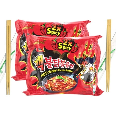 Samyang 2X Spicy Hot Chicken Ramen Stir-Fried Noodles with Wooden Chopsticks 4.93 Oz. (Pack of 2)