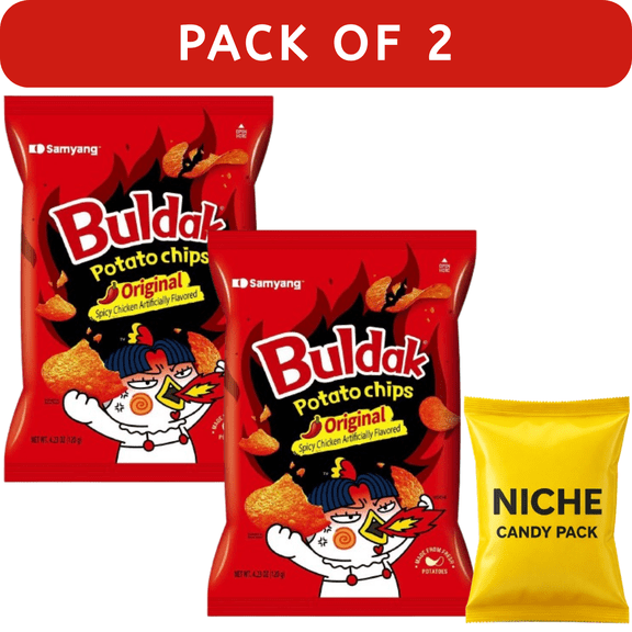 Samyang Buldak Original Spicy Potato Chips 0.26lb(2Pack) Fiery Crunch Snack + Complimentary Candy Pack