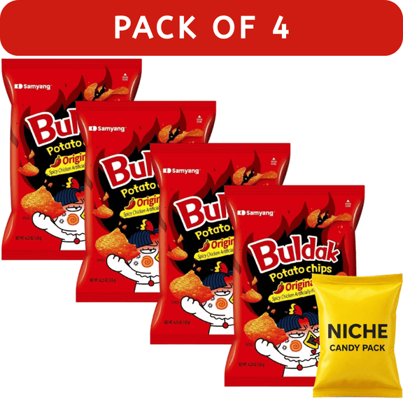 Samyang Buldak Original Spicy Potato Chips  0.26lb(4Pack)  Fiery Crunch Snack + Complimentary Candy Pack