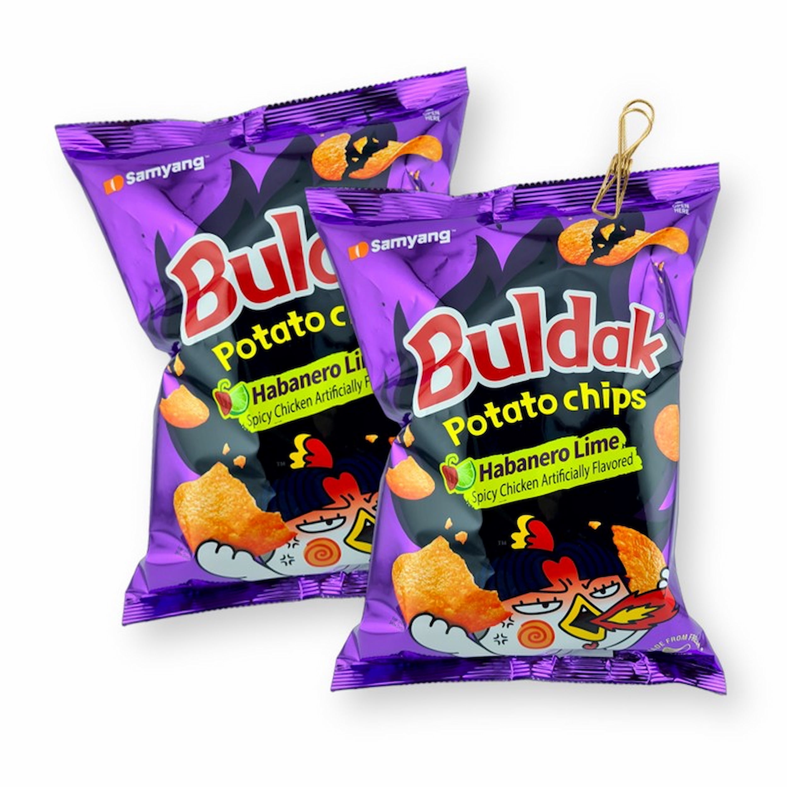 Samyang Buldak Potato Chips HABANERO LIME Spicy Chicken Flavored 4.23 Oz. X 2 with Bonus Gift Metallic Wire Bag Clip (3-Pc Set)