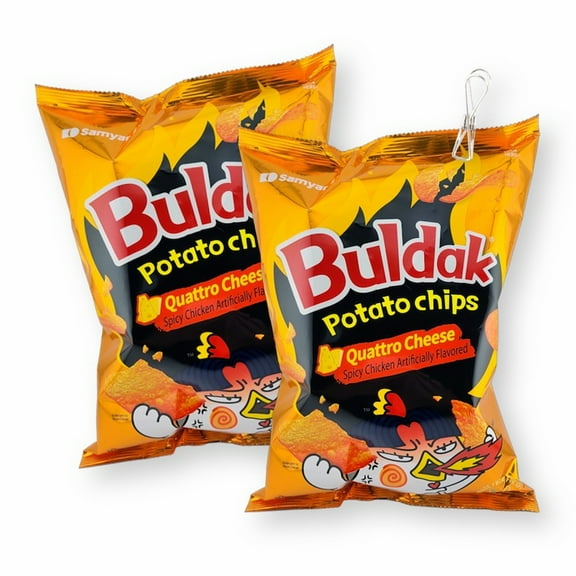 Samyang Buldak Potato Chips QUATTRO CHEESE Spicy Chicken Flavored 4.23 Oz. X 2 with Bonus Gift MetallicWire Bag Clip (3-Pc Set)