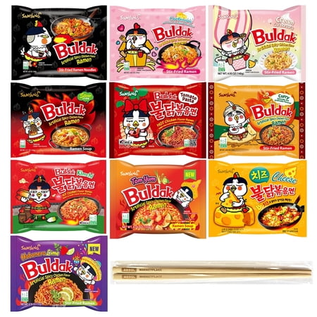 Samyang Buldak Ramen Variety 10 Packs - Carbonara, Cream Carbonara, Cheese, Stew Type, Tomato Pasta, Kimchi, Habanero Lime, Curry, Tom Yum, Original l With Absol MarketPlace Chopsticks