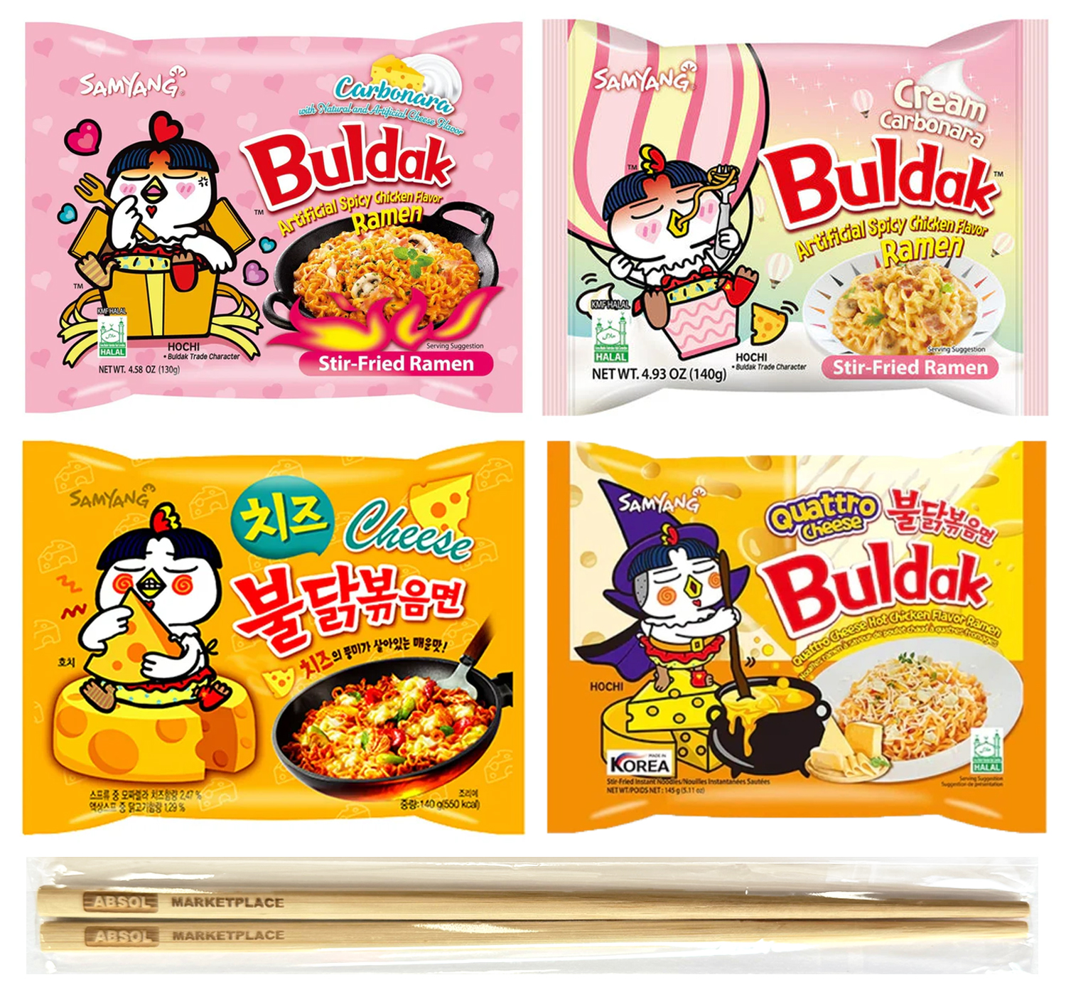 Samyang Buldak Ramen Variety 4 Packs Hot Spicy Chicken Carbonara 