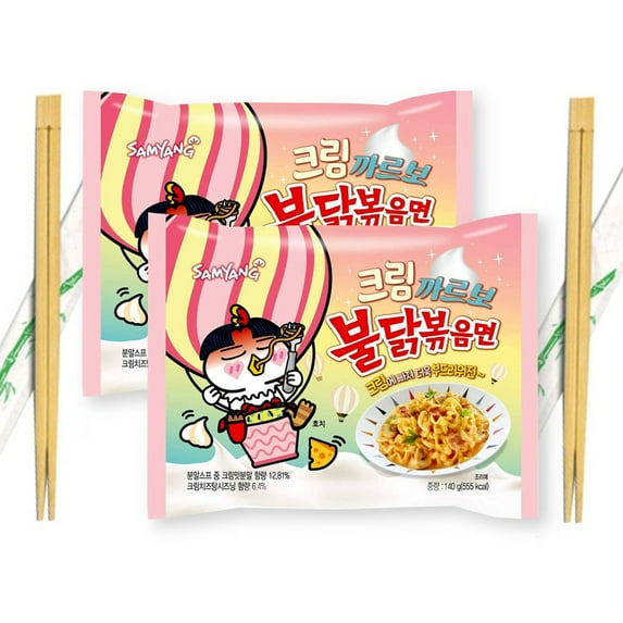 Samyang CREAM CARBONARA Buldak Spicy Chicken Ramen Stir-Fried Noodles with Wooden Chopsticks 4.93 Oz. (Pack of 2)