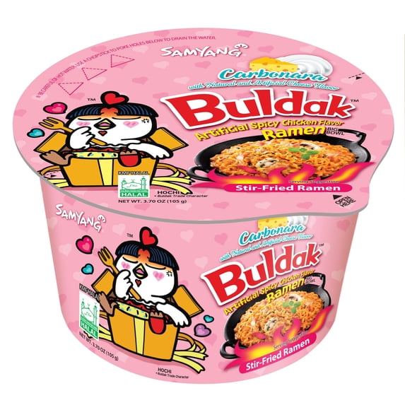 Samyang Carbonara Buldak Hot Chicken Flavor Ramen 3.7 oz Big Bowl, Dairy-Free Spicy Noodles