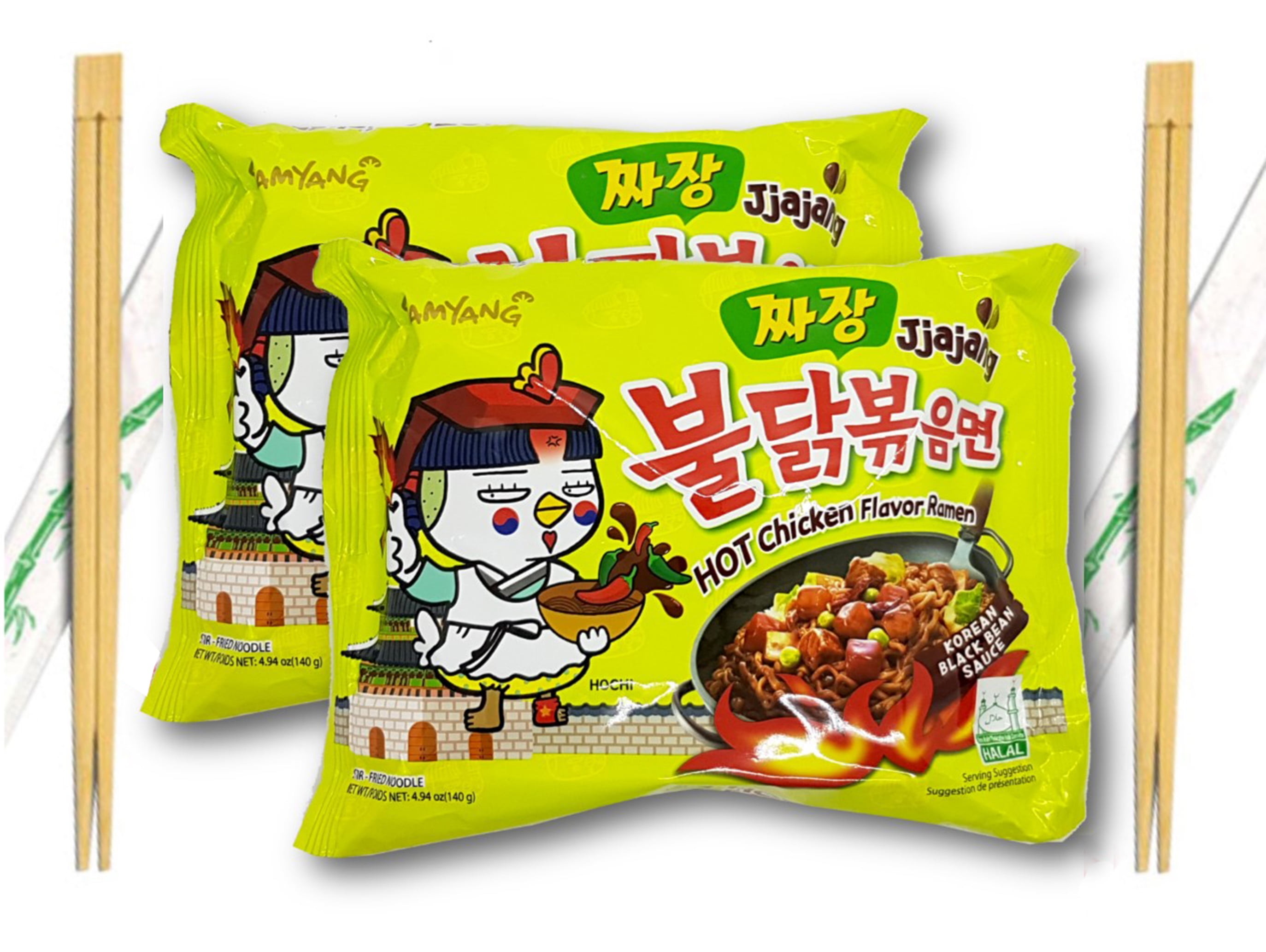 Samyang Jjajang Buldak Spicy Ramen Korean Black Bean Sauce Hot Chicken  Stir-Fried Noodles with Wooden Chopsticks 4.94 Oz. (Pack of 2)J