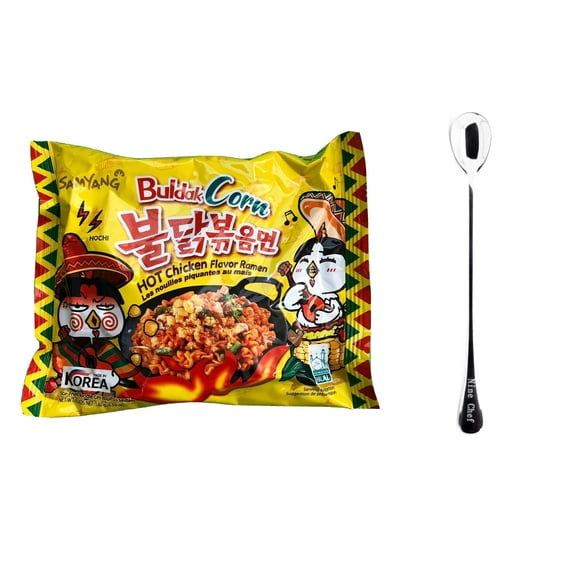 Samyang Ramen Chicken Roasted Noodles Corn Flavor, 40 Pack One Case) Plus one NineChef Brand long handle Spoon