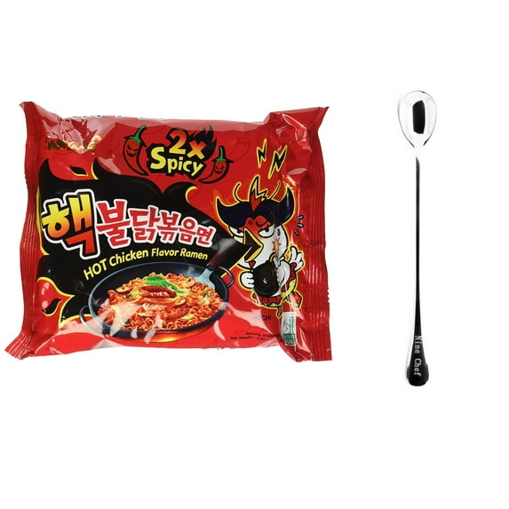 Samyang Ramen Spicy Chicken Roasted Noodles (2x(Double) Spicy Flavor, 10 bags) Plus one NineChef Brand long handle Spoon