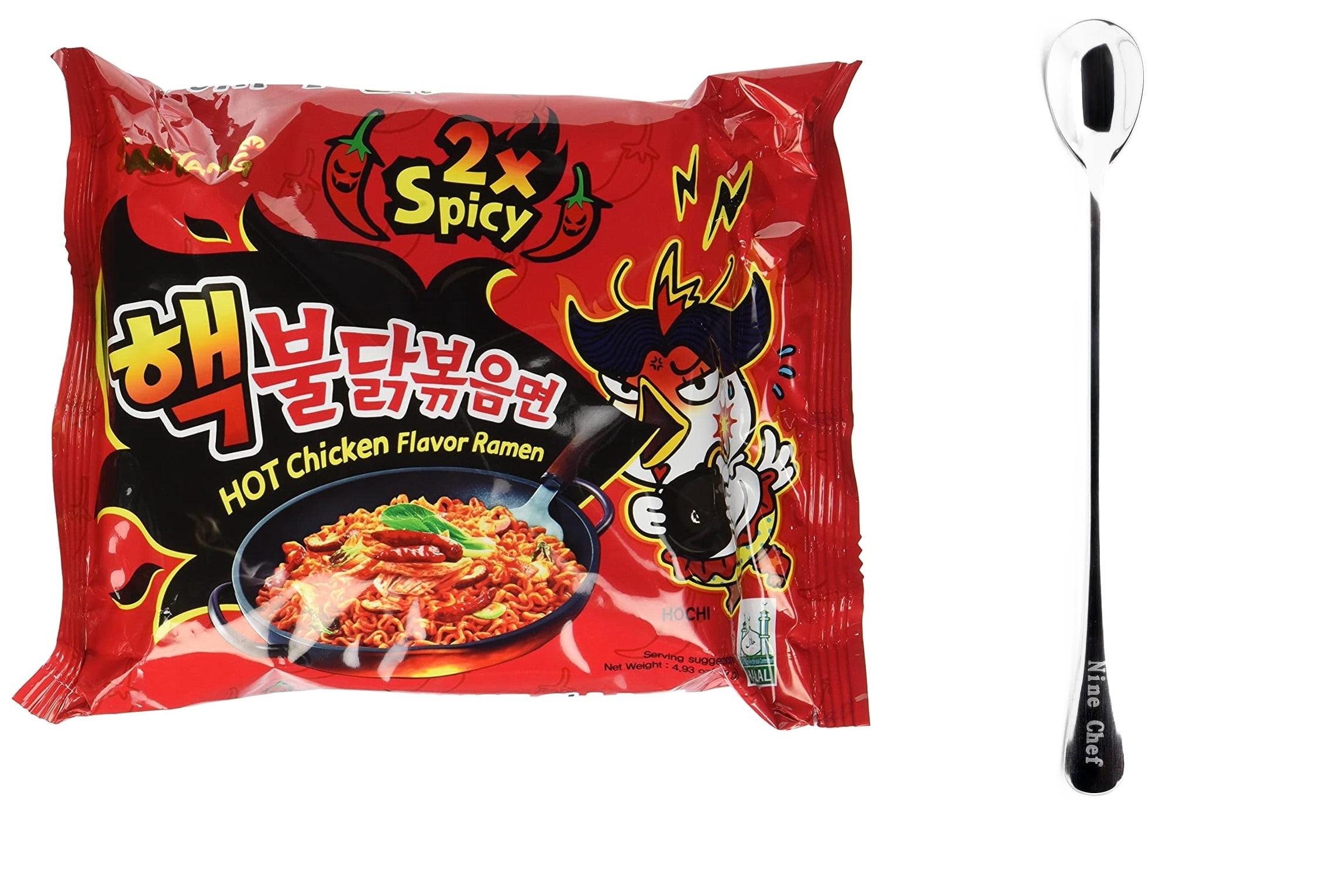 Samyang Ramen Spicy Chicken Roasted Noodles (2x(Double) Spicy Flavor, 16 Pack) Plus one NineChef Brand long handle Spoon