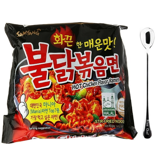 Samyang Ramen Spicy Chicken Roasted Noodles (Original Flavor, 16 Pack) Plus one NineChef Brand long handle Spoon
