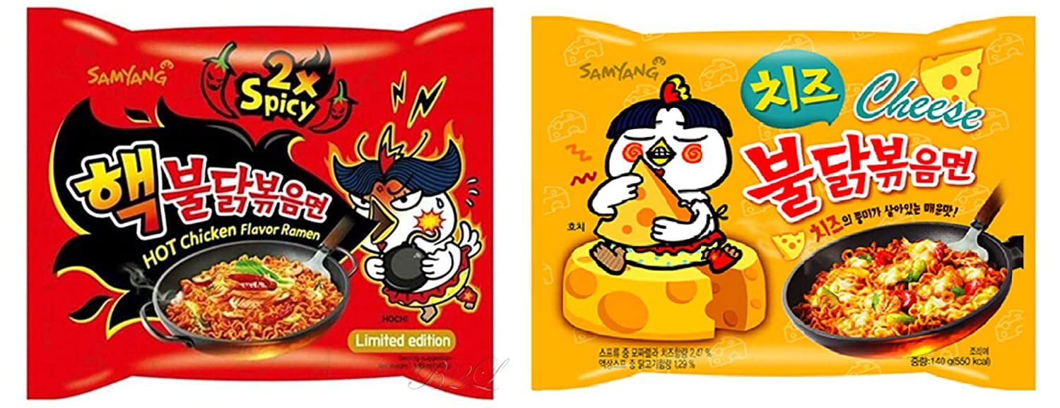 Samyang Spicy Chicken Ramen Combo / 2x Spicy & Cheese Spicy Combo, Pack of 10 (2x Spicy & Cheese), With 5 Fish Logo Chopsticks