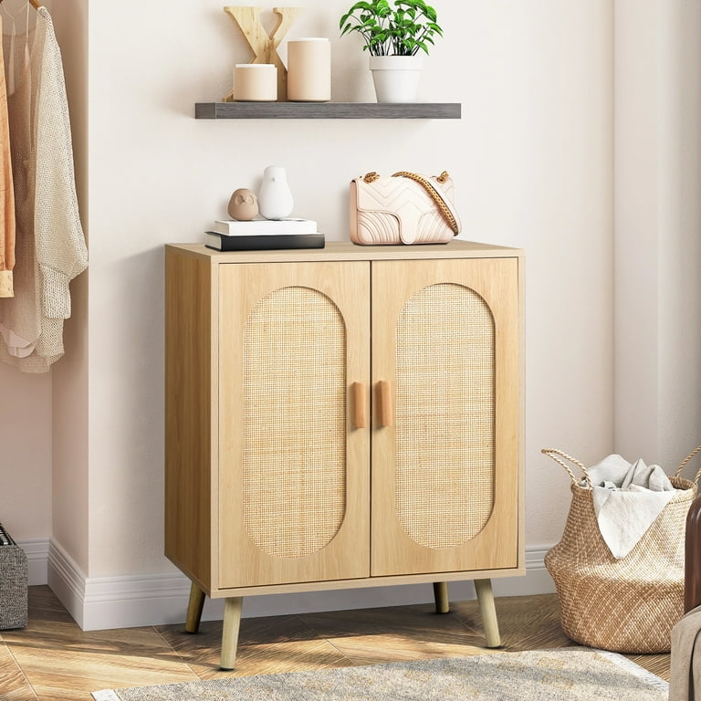 SamyoHome 2 Door Entryway Shoe Storage Cabinet Rattan Accent Storage Cabinet Mid Century Natural Wood Sideboard Buffet Cabinet Furniture for Kitchen