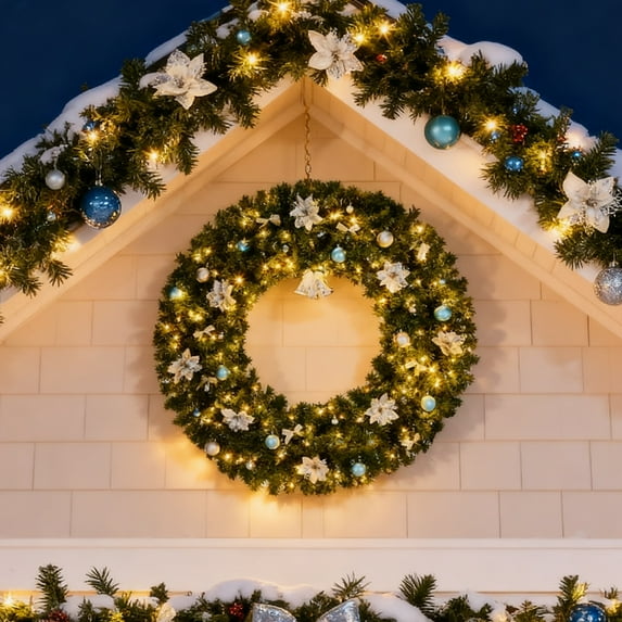 SamyoHome 48in Pre-lit Christmas Wreath, Lighted Artificial Garland with Dual-Tone LEDs for Door Wall Decor, Light Green
