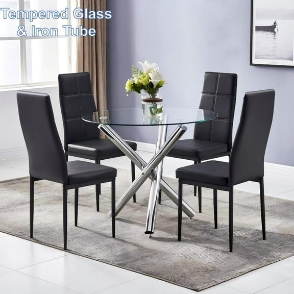 Samyohome 5 Piece Dining Room Set Kitchen Table Set with Tempered Glass Table and 4 PU Chairs Black