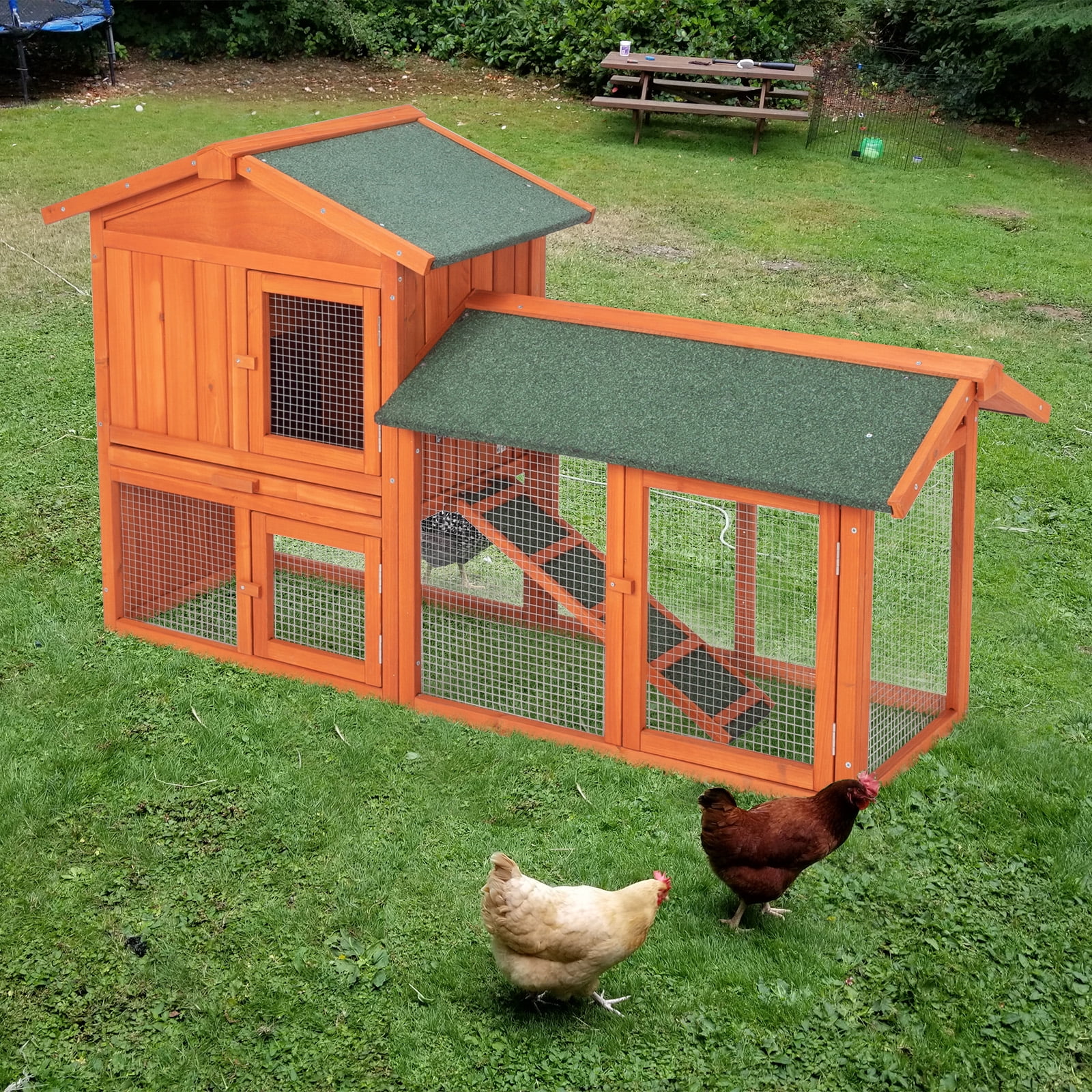 61'' Fir Wood Chicken Coop with Green Roof and Run