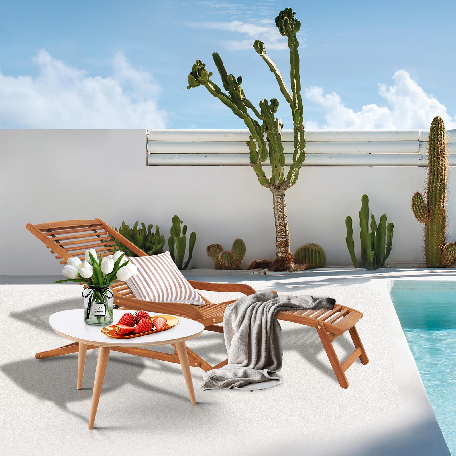 SamyoHome Acacia Foldable Wooden Outdoor Lounge Chair, Patio Deck Chair with Footrest for Garden Backyard Lawn Poolside Balcony(67",Natural Wood Color)