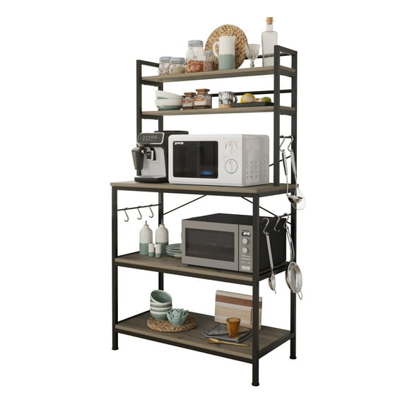 SamyoHome Baker's Rack Kitchen Storage Shelving Unit Microwave Cart Oven Stand Coffee Bar with 10 Hooks & 5 Tier Shelves(Vintage Gray)